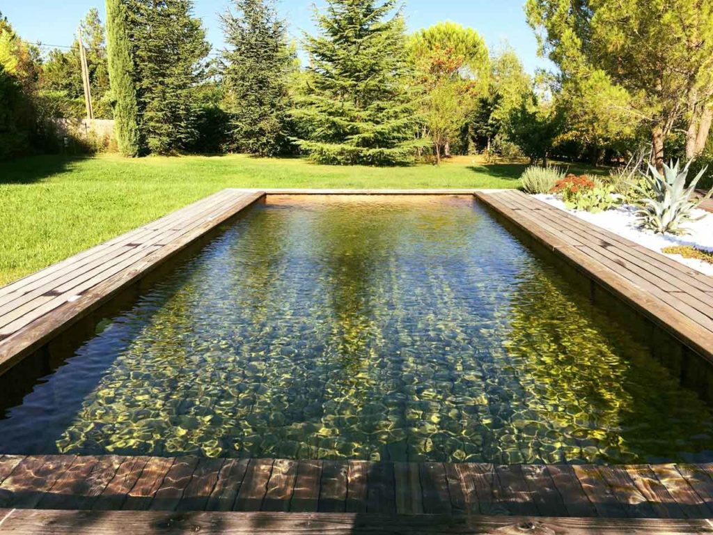 piscine biopooltech naturelle en bois et connectée, eau transparente
